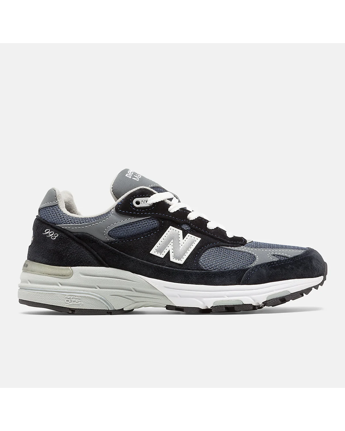 Женские кроссовки New Balance 993 тёмно-синие с серым, вид сбоку.