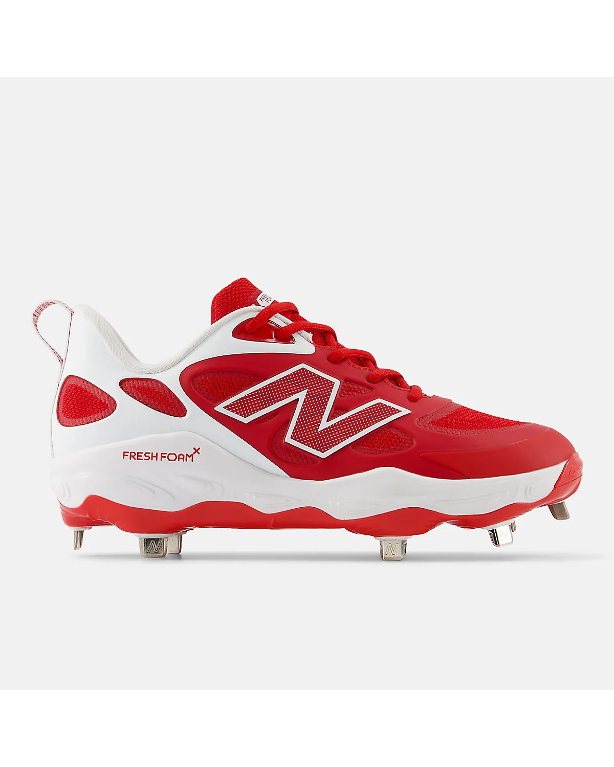 Спортивные бутсы New Balance Fresh Foam X Velo v4 Metal красные с белым, вид сбоку.