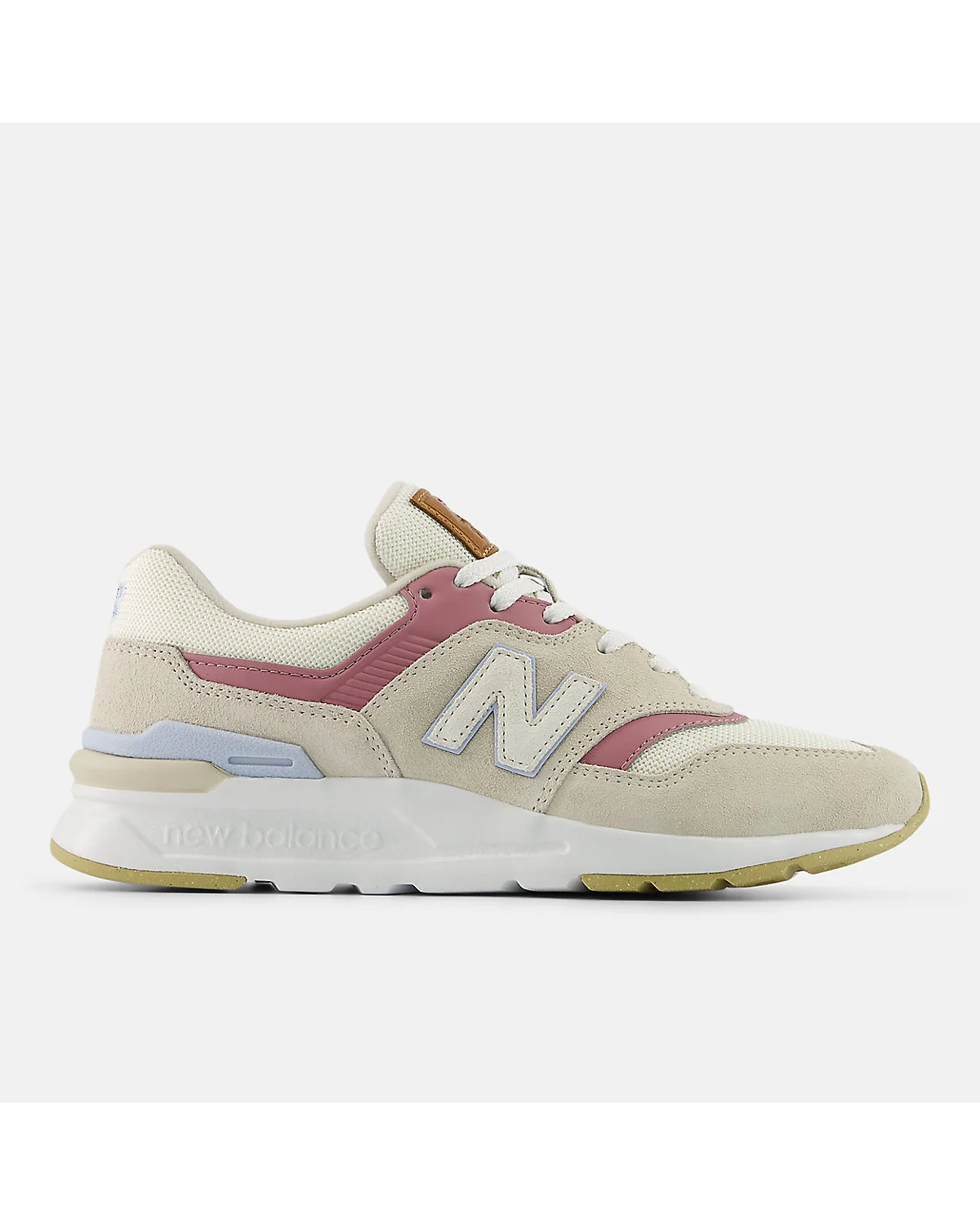 Кроссовки New Balance 997H тёмно-горчичного цвета с кремовым верхом, вид сбоку.