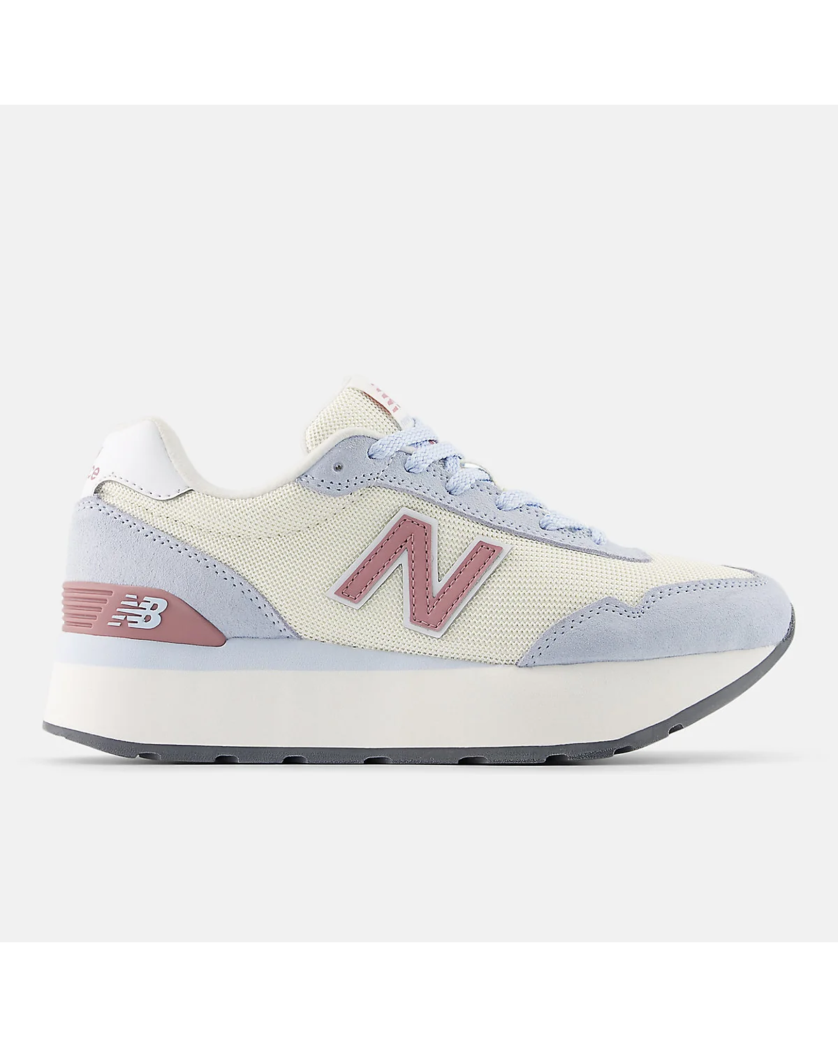Кроссовки New Balance 515H синие с бежевым и розовым акцентом, вид сбоку.