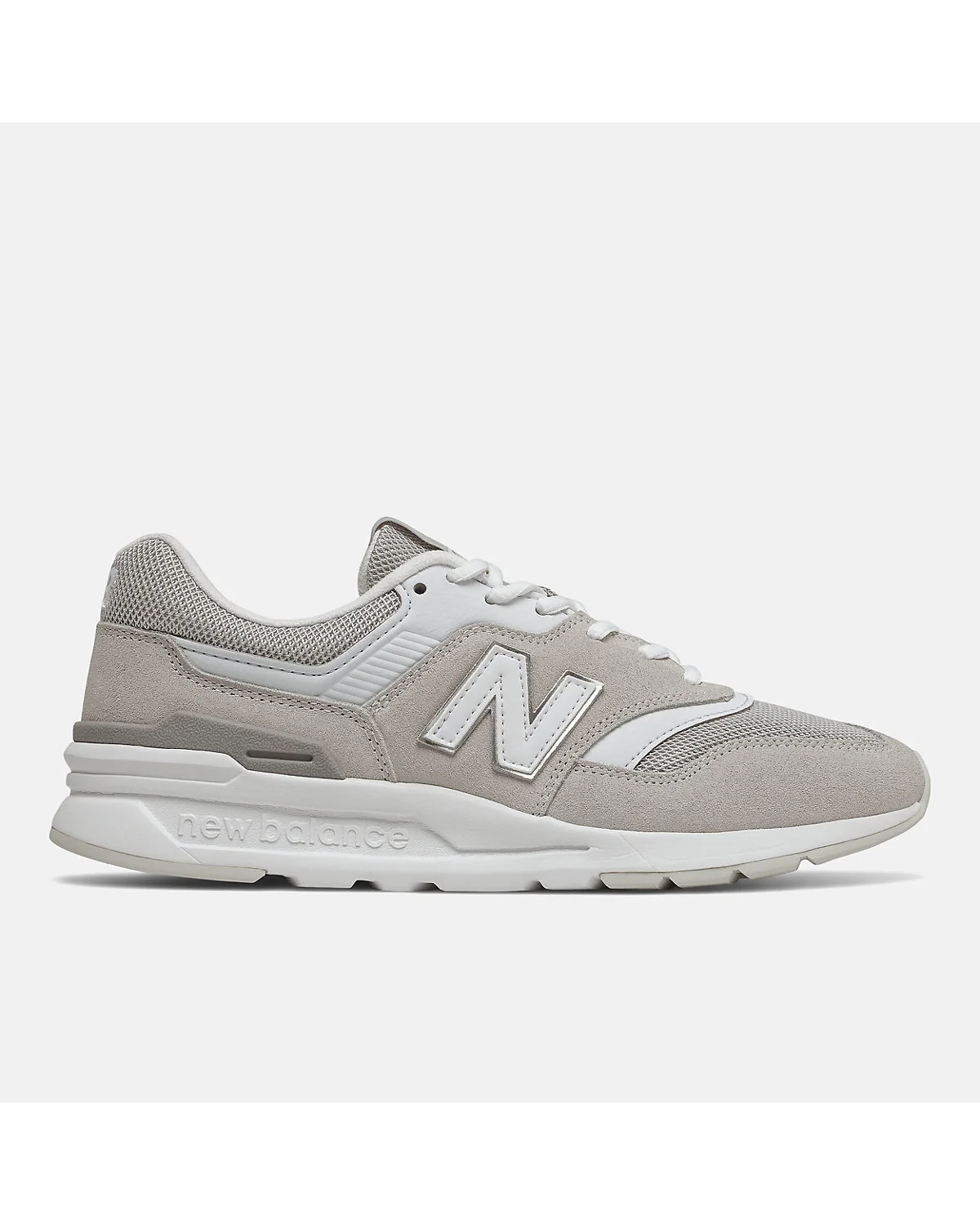 Серые кроссовки New Balance 997H с белым логотипом, вид сбоку.