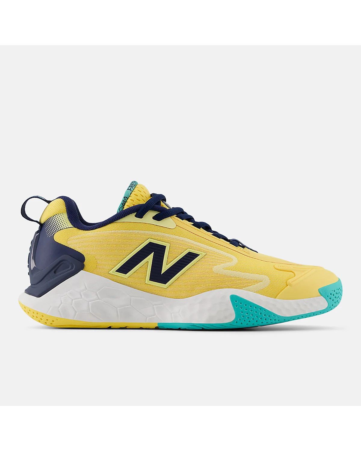 Теннисные кроссовки New Balance Fresh Foam X CT-Rally цвета клементин с синим язычком, вид сбоку