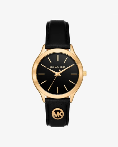 Часы Michael Kors Slim Runway с кожаным ремешком чёрного цвета