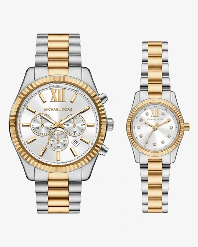 Часы Michael Kors Lexington комплект для него и для неё золотисто-серебристого цвета