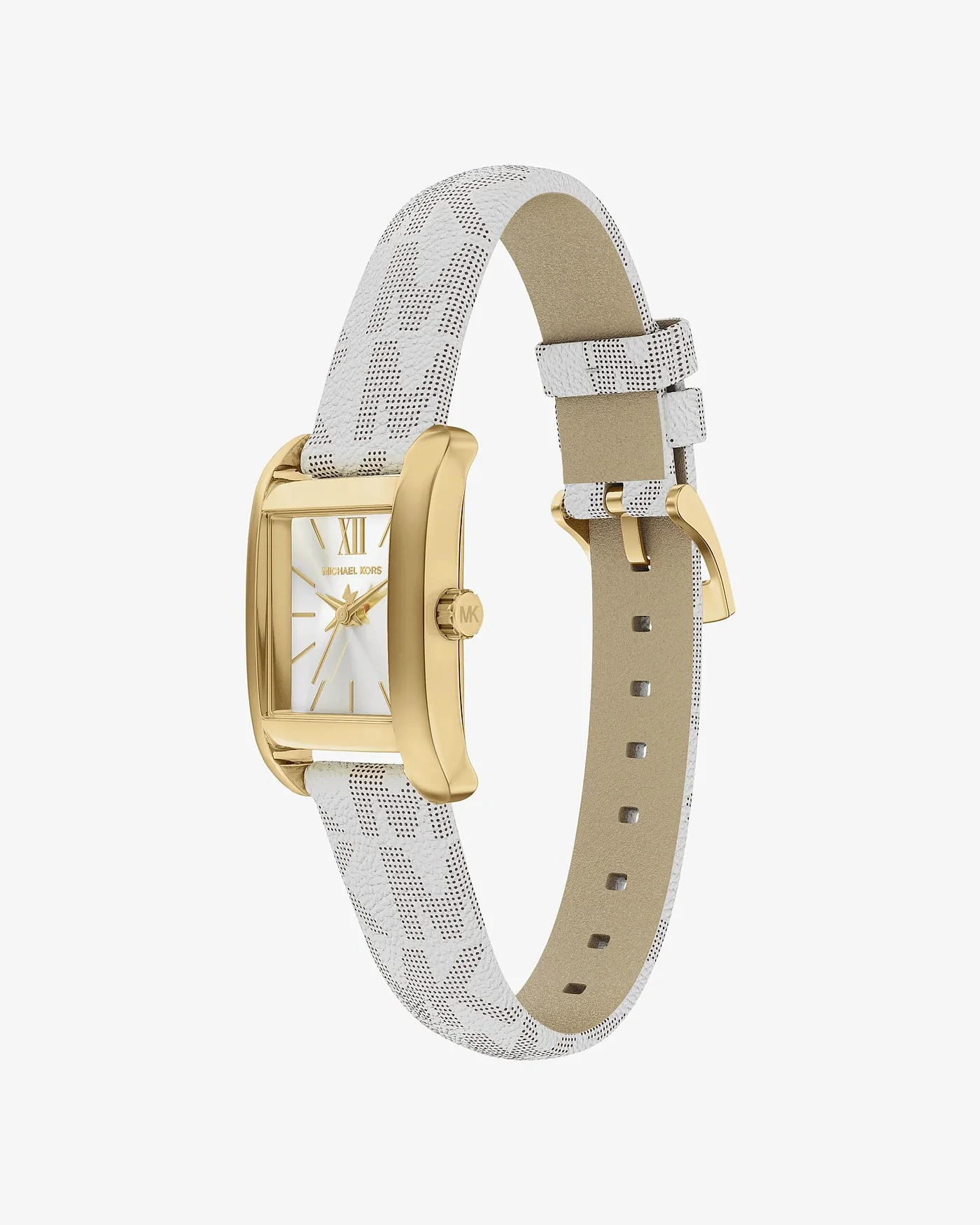 Наручные часы Michael Kors Мини Monroe золотистого тона на ремешке с монограммой, светлый ремешок — 5