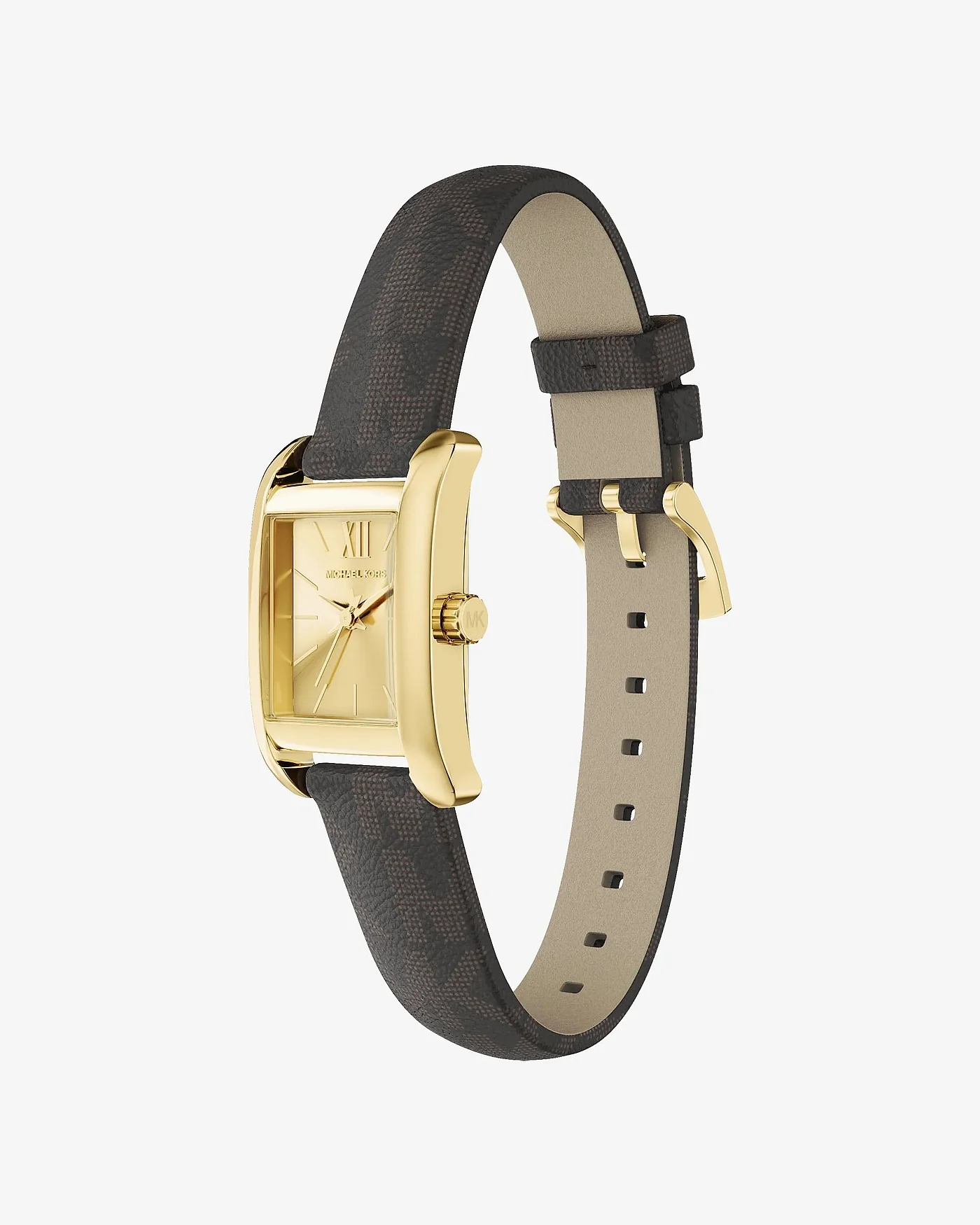 Наручные часы Michael Kors Мини Monroe золотистого тона на ремешке с монограммой, тёмный ремешок — 5