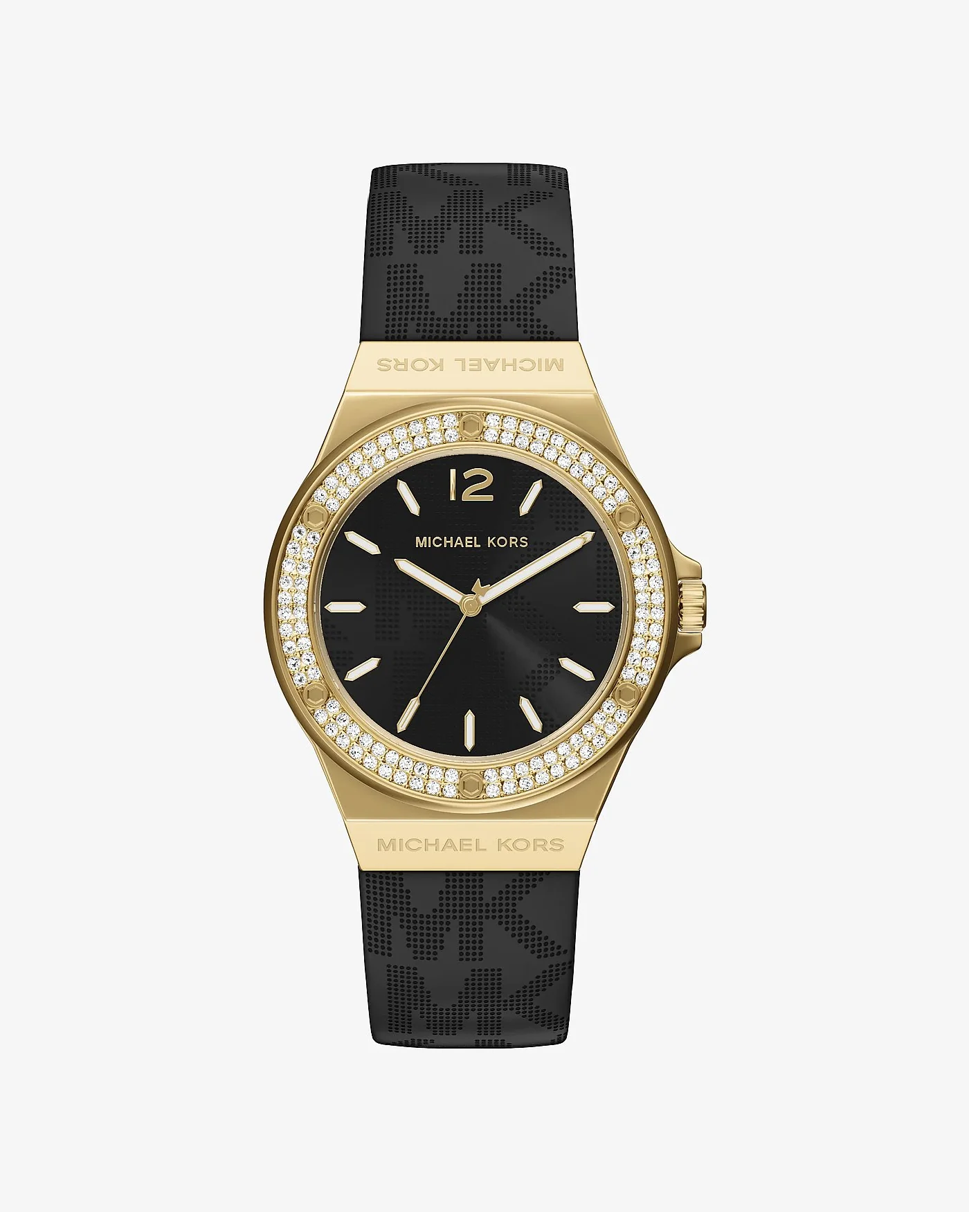 Наручные часы Michael Kors Lennox Pavé с золотистым корпусом на чёрном ремешке — 1