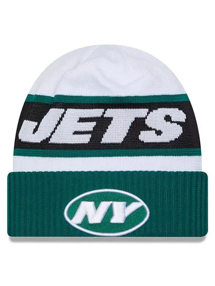 Мужская бело-зеленая вязаная шапка с манжетами New York Jets 2023 Sideline Tech New Era — зеленый