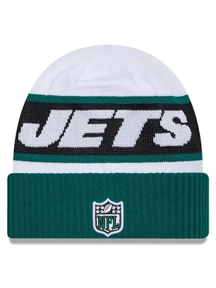 Мужская белая, зеленая вязаная шапка New York Jets 2023 Sideline Tech с манжетами New Era — изображение 2 из 2