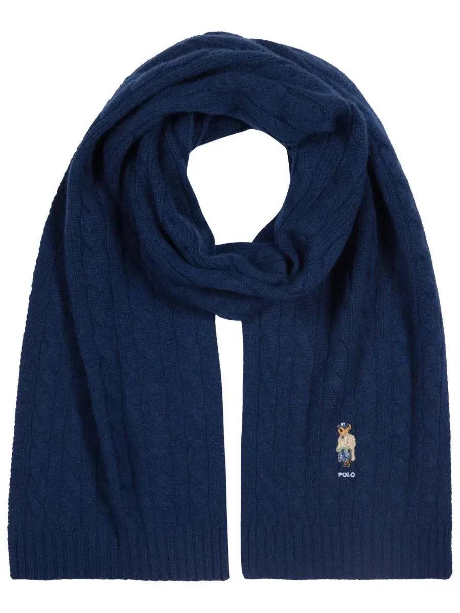 Шарф из шерстяного микса с кабельным узором и вышивкой Litchfield Bear Polo Ralph Lauren — изображение 2 из 4, темно-синий