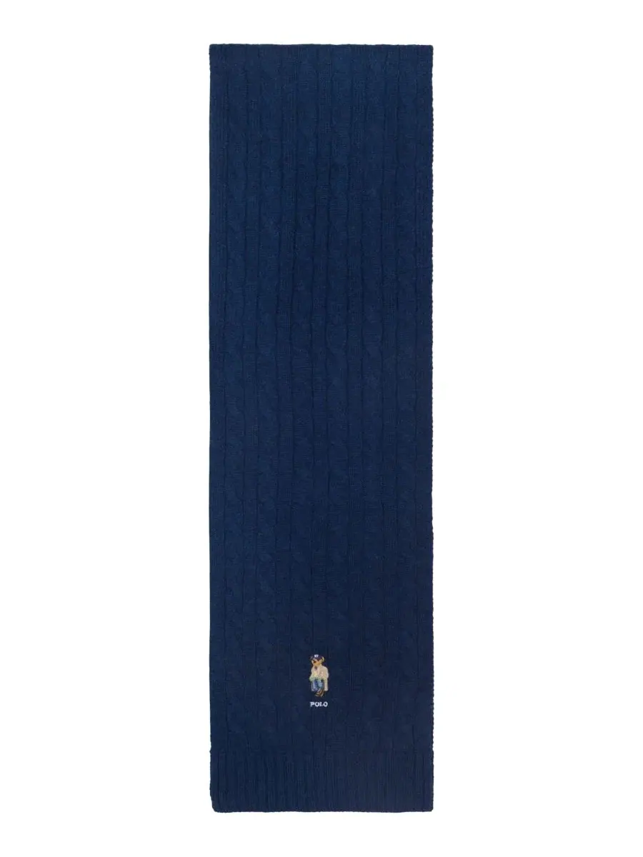 Шарф из шерстяного микса с кабельным узором и вышивкой Litchfield Bear Polo Ralph Lauren — изображение 3 из 4, темно-синий