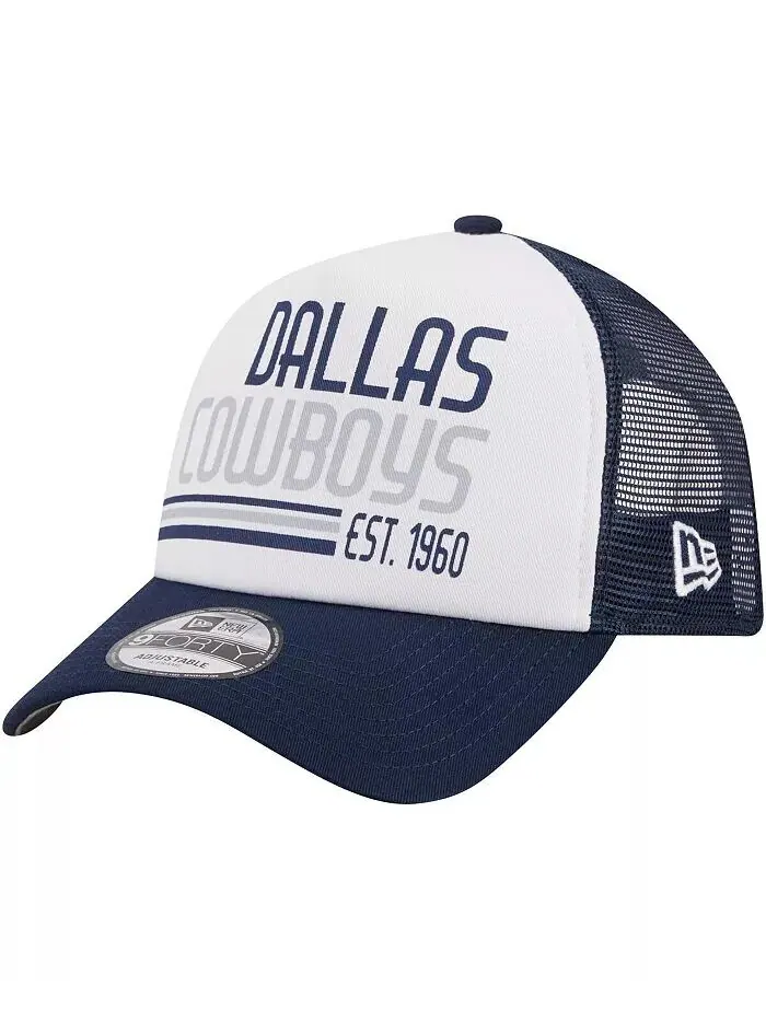 Мужская белая, темно-синяя регулируемая шляпа Dallas Cowboys Stacked A-Frame Trucker 9FORTY New Era — изображение 1 из 4