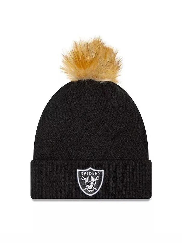 Женская черная вязаная шапка Las Vegas Raiders Snowy с манжетами и помпоном New Era