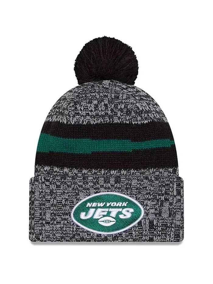 Мужская черная вязаная шапка с манжетами и помпоном New York Jets 2023 New Era
