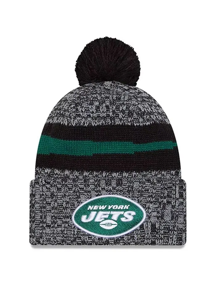 Мужская черная вязаная шапка New York Jets 2023 Sideline с манжетами и помпоном New Era