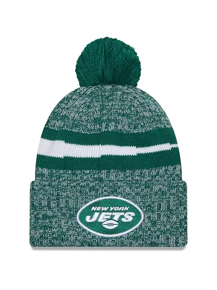 Мужская зеленая вязаная шапка New York Jets 2023 Sideline с манжетами и помпоном New Era