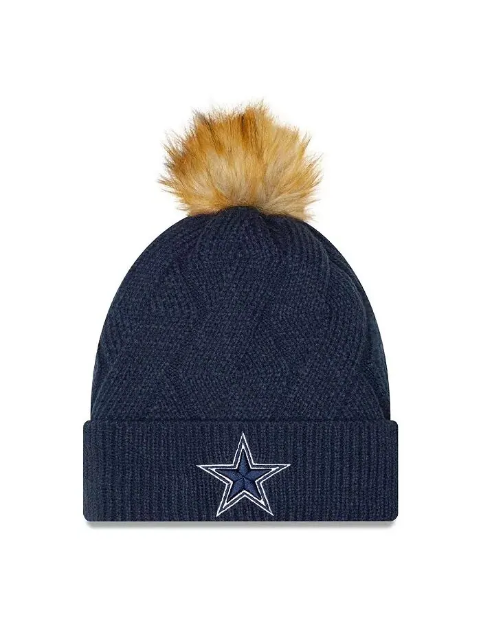 Женская темно-синяя вязаная шапка Dallas Cowboys Snowy с манжетами и помпоном New Era