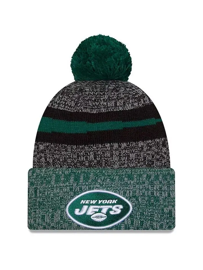 Мужская черная, зеленая вязаная шапка New York Jets 2023 Sideline Sport с манжетами и помпоном New — изображение 1 из 2