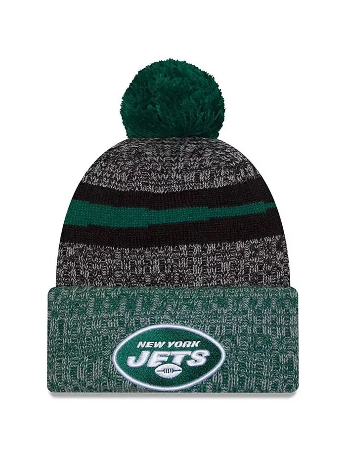 Мужская черная, зеленая шапка New York Jets 2023 Sideline Sport с манжетами и помпоном New Era