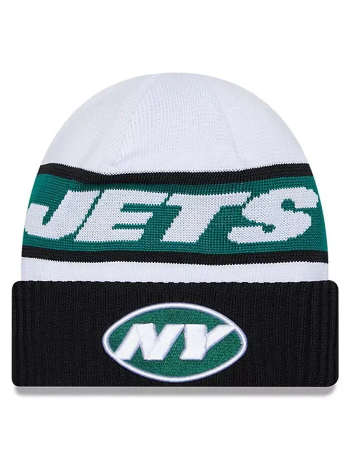 Мужская белая, черная вязаная шапка New York Jets 2023 Sideline Tech с манжетами New Era