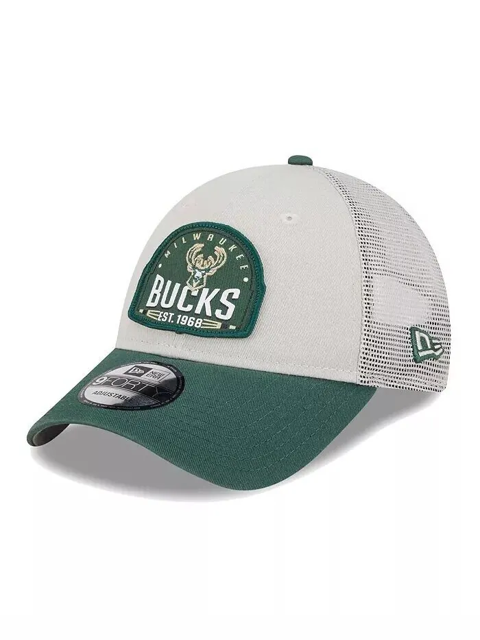 Мужская регулируемая кепка Trucker 9Forty цвета хаки/зеленого цвета с нашивкой Milwaukee Bucks