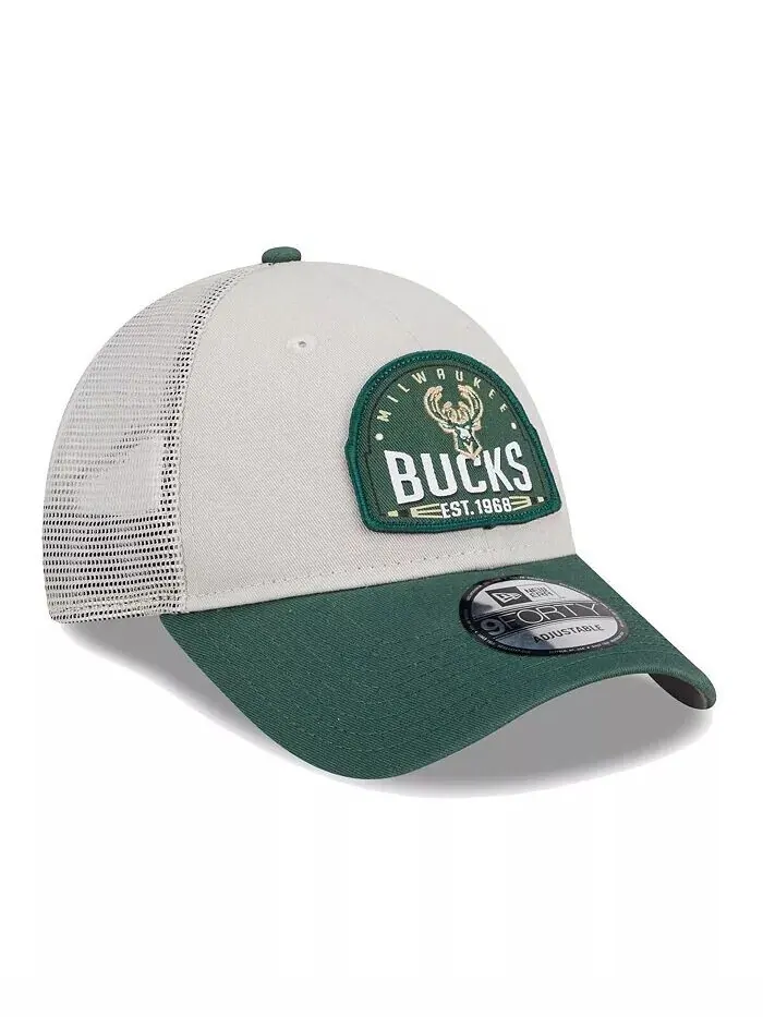 Мужская регулируемая кепка Trucker 9Forty цвета хаки/зеленого цвета с нашивкой Milwaukee Bucks — изображение 2 из 4