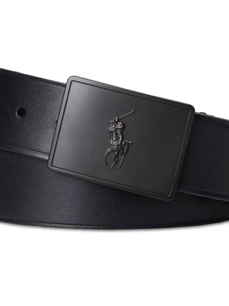 Мужской кожаный ремень с пряжкой-пластиной Polo Ralph Lauren — изображение 2 из 2, черный/черный