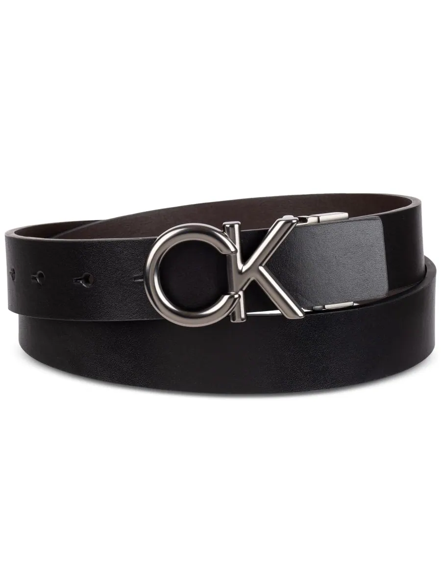 Мужской двусторонний кожаный ремень с монограммой и пряжкой Calvin Klein