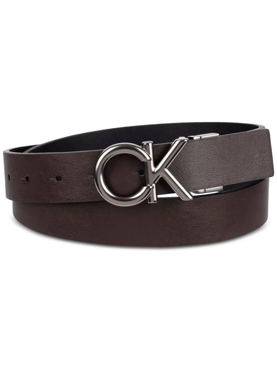 Мужской двусторонний кожаный ремень с монограммой и пряжкой Calvin Klein — изображение 2 из 5, черный/коричневый