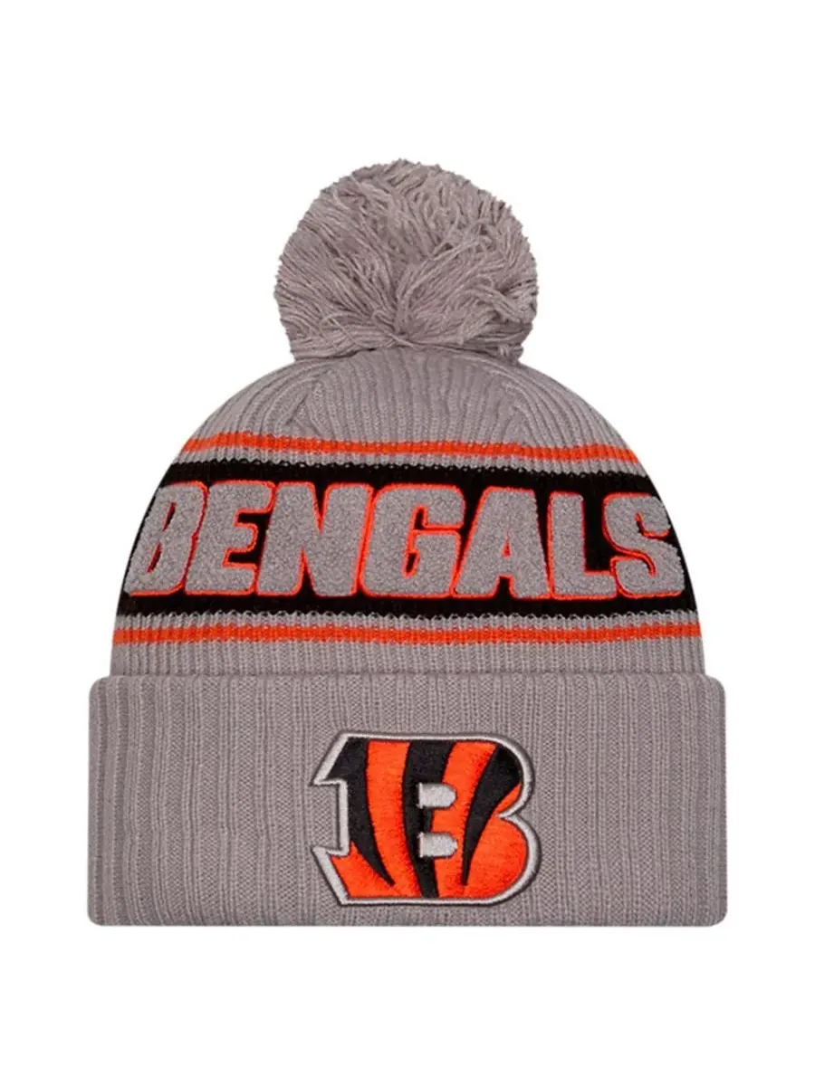 New Era Мужская серая вязаная шапка Cincinnati Bengals 2024 Sideline Sport с отворотом и помпоном — изображение 1 из 2, серый