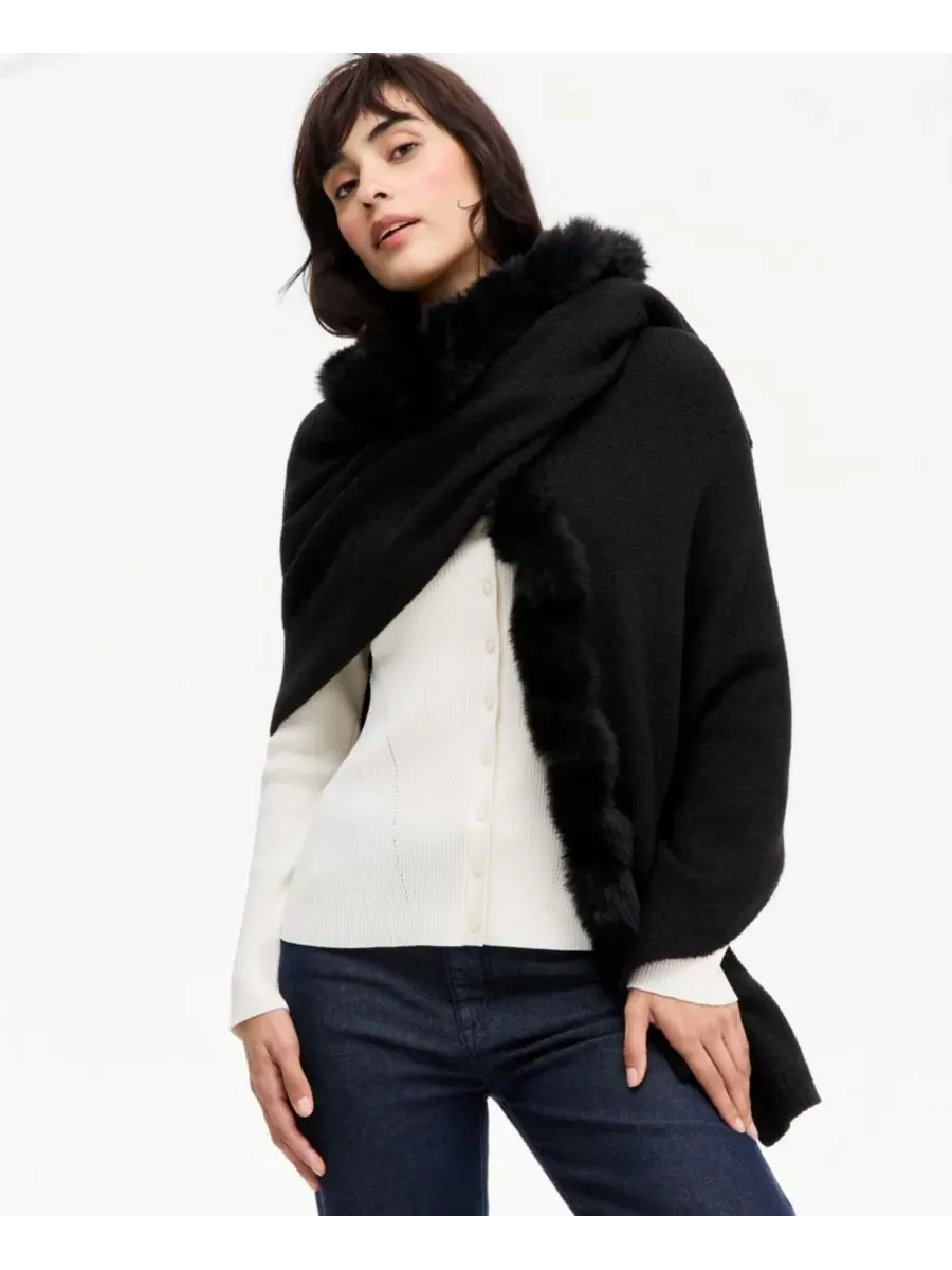 Женский вязаный шарф-накидка с искусственным мехом, модель Twisted Faux-Fur-Trim Wrap I.N.C — изображение 3 из 4, черный
