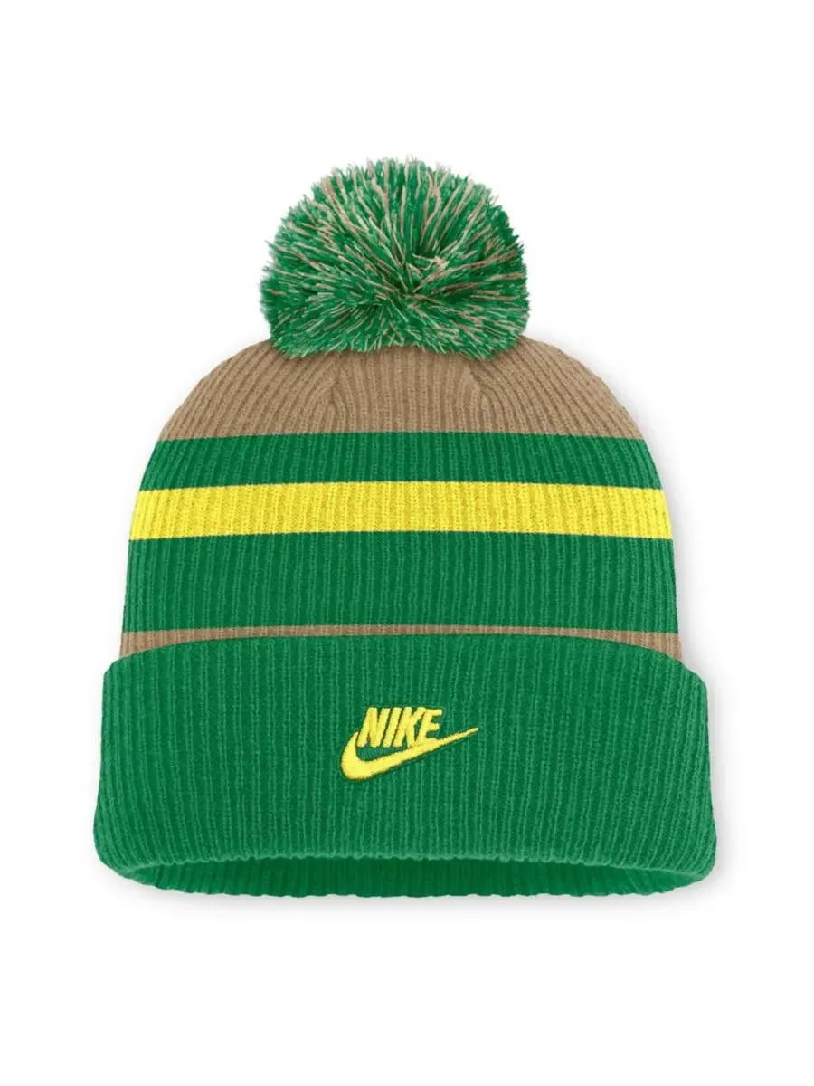 Вязаная шапка с помпоном Oregon Ducks Legacy Striped Cuffed Knit Hat with Pom Nike — изображение 2 из 2, бежевый зеленый