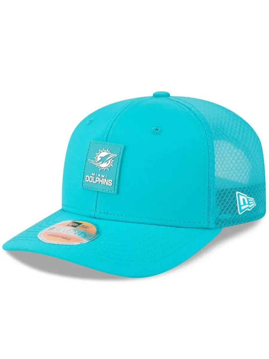Мужская регулируемая кепка-тракер Aqua Miami Dolphins 2025 Sideline 9SEVENTY New Era