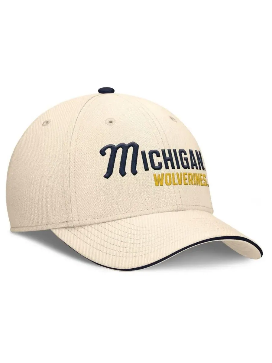 Мужская бейсболка Natural Michigan Wolverines 2026 Primetime Swooshflex Jordan — изображение 3 из 5, натуральный темно-синий