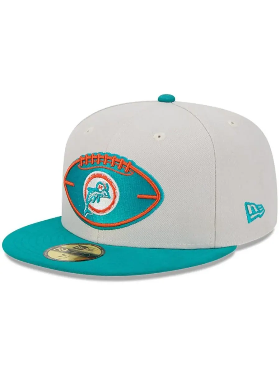 Мужская бейсболка 59FIFTY Stone/Aqua Miami Dolphins 2024 Sideline Historic New Era