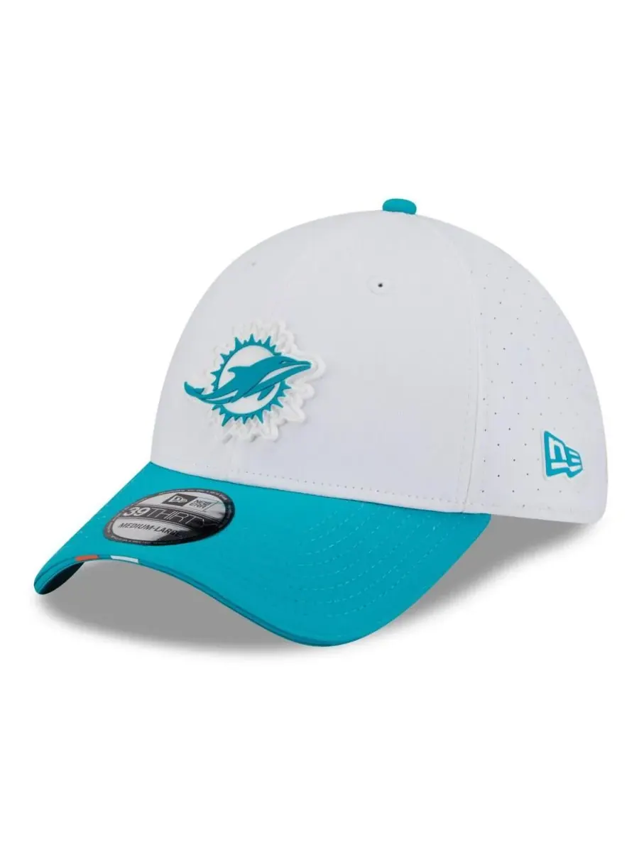 New Era Мужская белая/бирюзовая кепка Miami Dolphins 2025 NFL Training Camp 39THIRTY Flex Hat