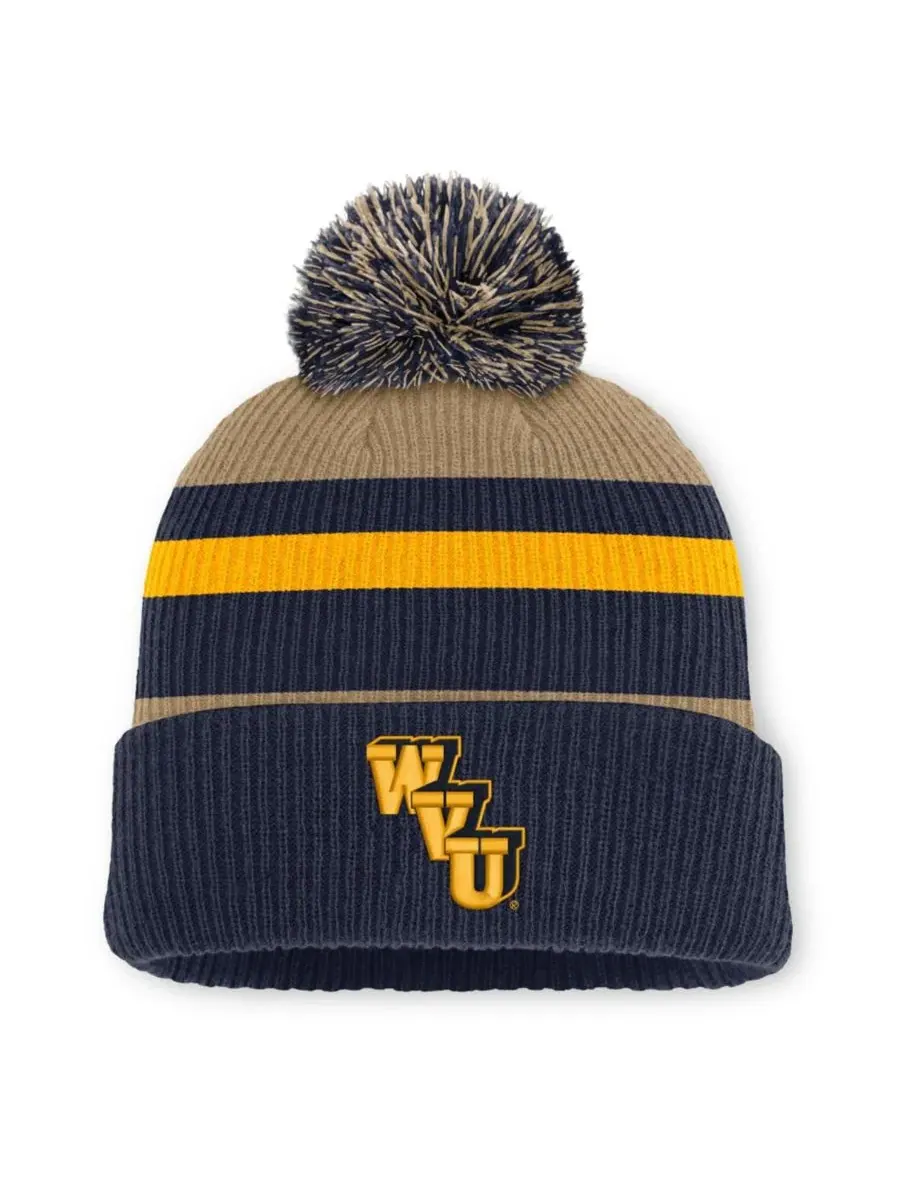 Шапка с помпоном West Virginia Mountaineers Legacy Striped Cuffed Knit Hat Nike