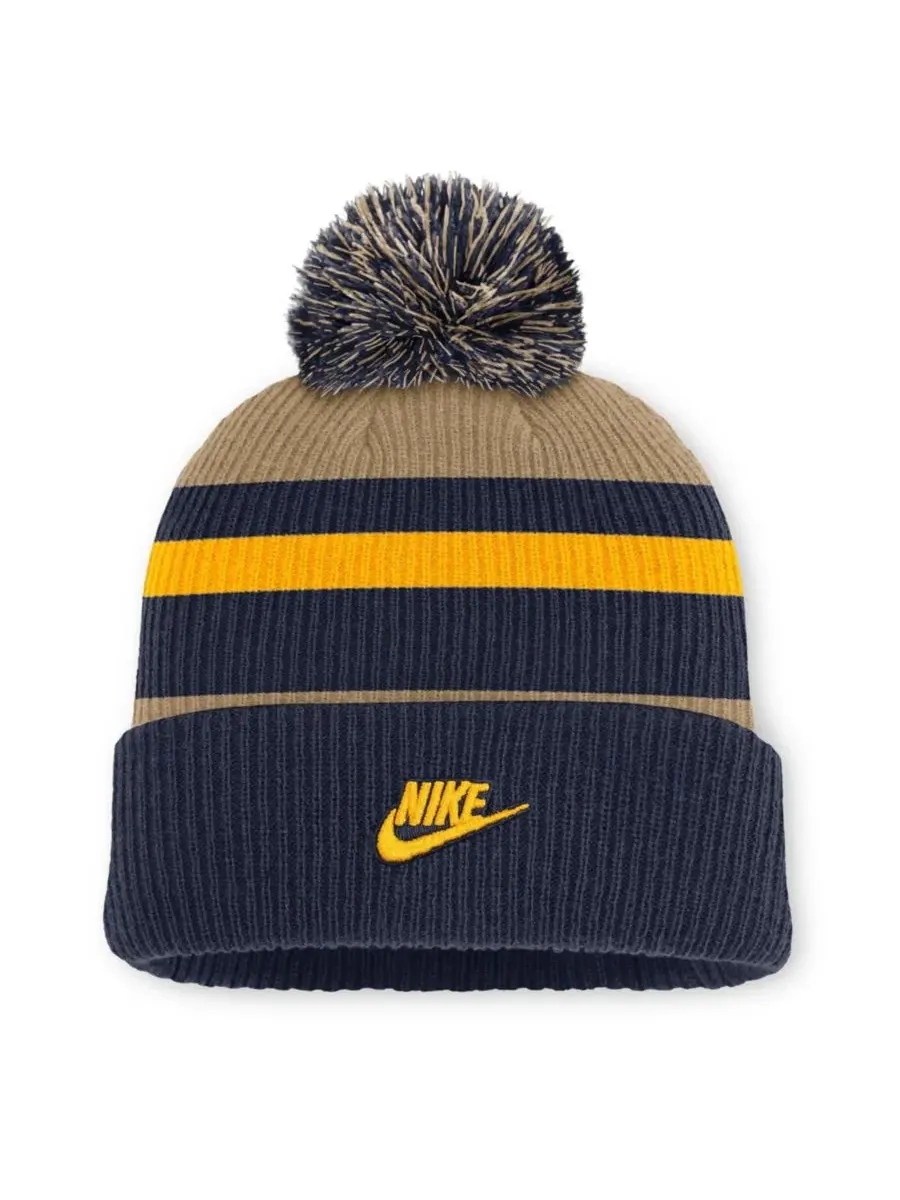 Шапка с помпоном West Virginia Mountaineers Legacy Striped Cuffed Knit Hat Nike — изображение 2 из 2, бежевый темно-синий