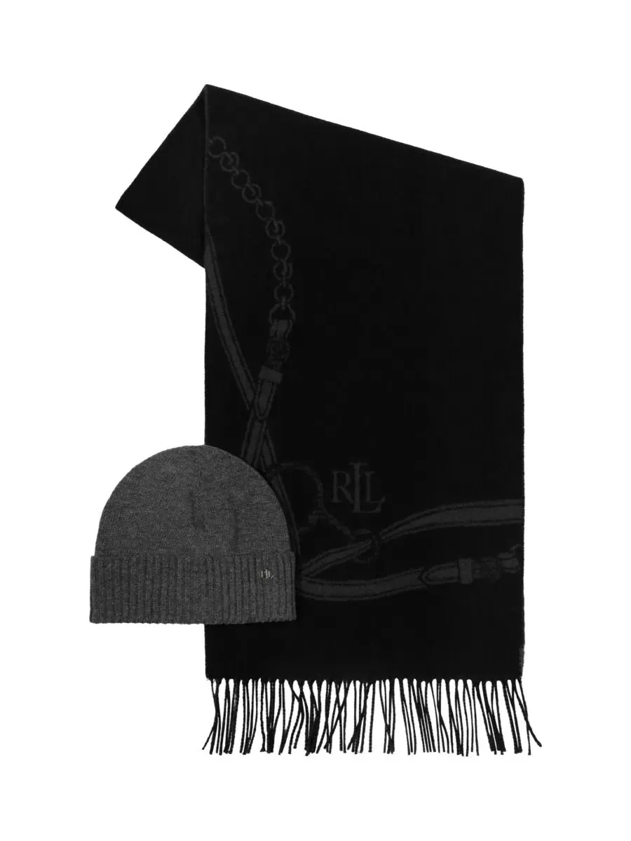 Комплект из шарфа и шапки Equestrian Woven Scarf and Knit Beanie Set Lauren Ralph Lauren — изображение 3 из 4, черный