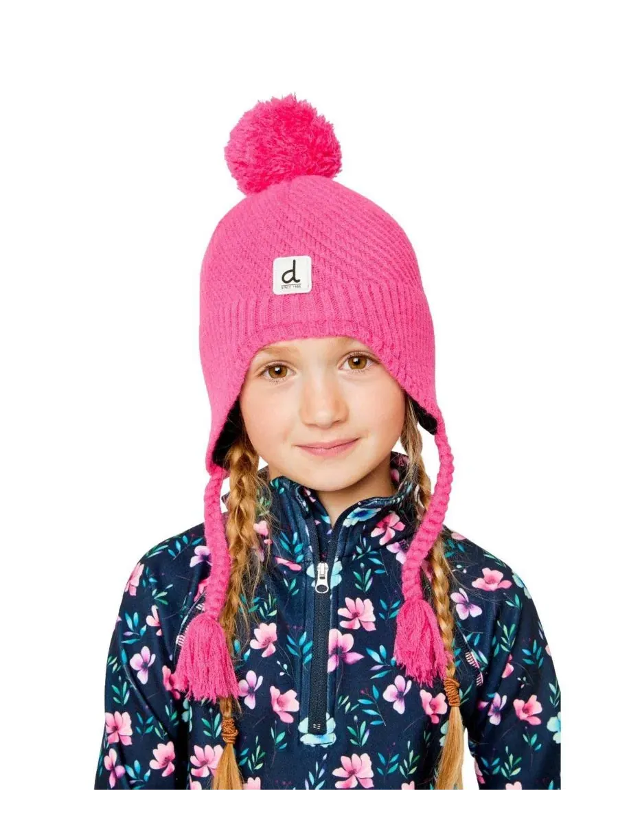 Шапка зимняя с помпоном и косами Peruvian Pink Deux par Deux — изображение 2 из 5, яркий розовый