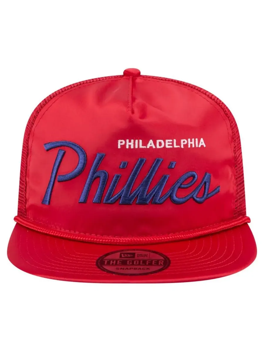 New Era Мужская красная ретро-кепка для гольфа Philadelphia Phillies с атласной надписью — изображение 4 из 4, красный