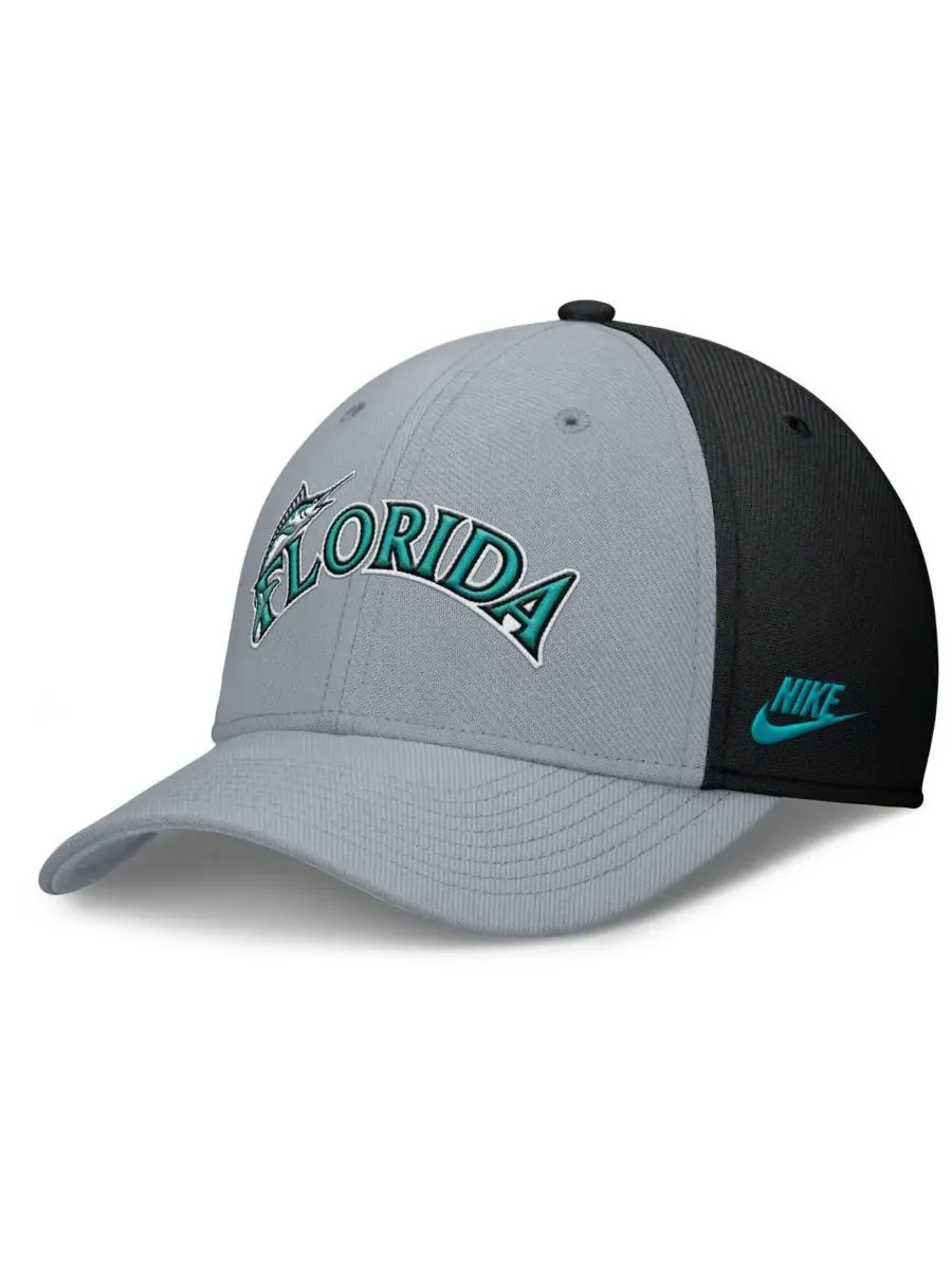 Nike Мужская серо-черная бейсболка Florida Marlins Rise Swoosh Performance Flex