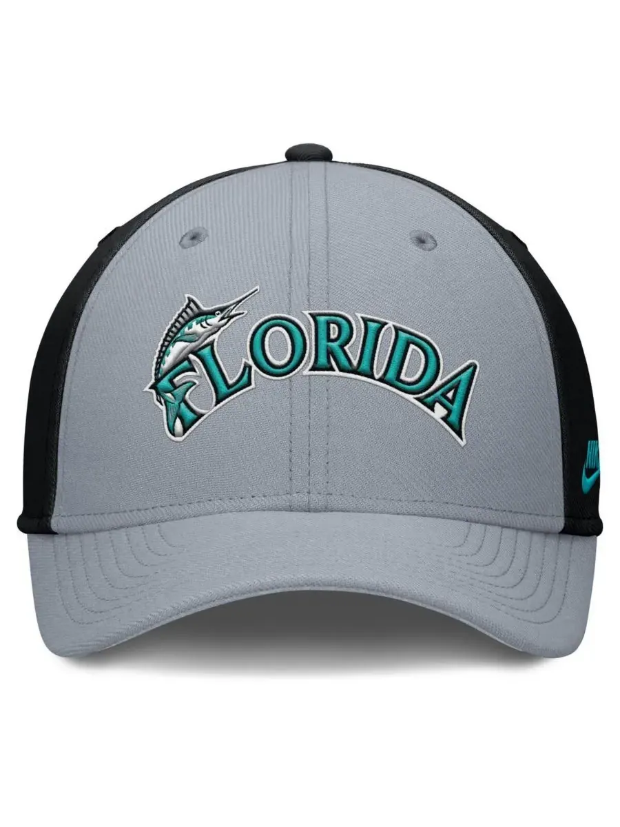 Nike Мужская серо-черная бейсболка Florida Marlins Rise Swoosh Performance Flex — изображение 2 из 4, серый черный