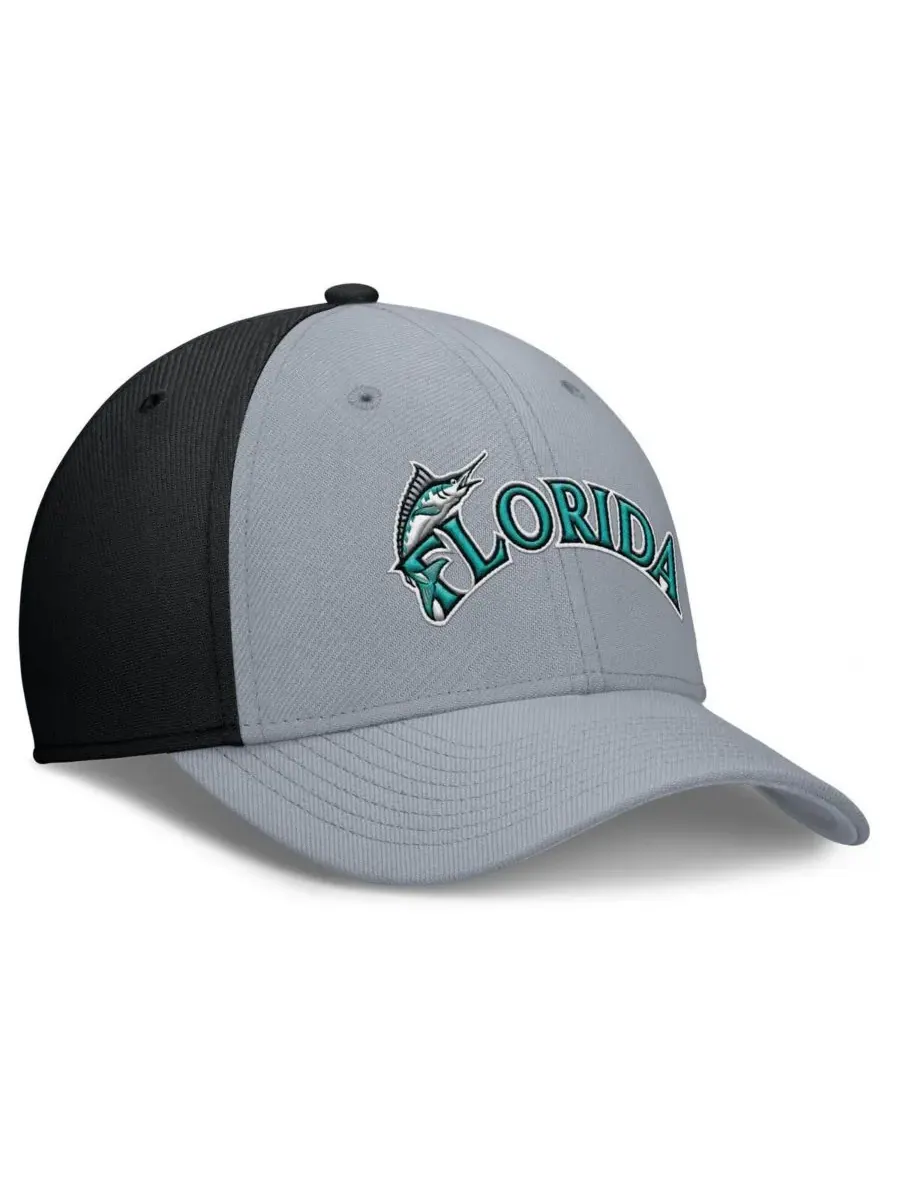 Nike Мужская серо-черная бейсболка Florida Marlins Rise Swoosh Performance Flex — изображение 3 из 4, серый черный