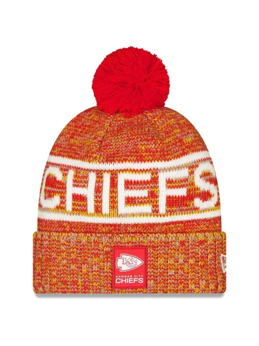 New Era Мужская красная вязаная шапка с помпоном Kansas City Chiefs 2025 Sideline Cold Weather с