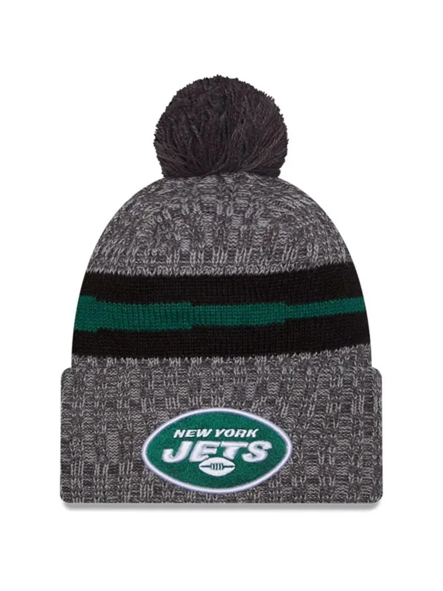 New Era Мужская серая вязаная шапка New York Jets 2023 Sideline Sport с отворотом и помпоном