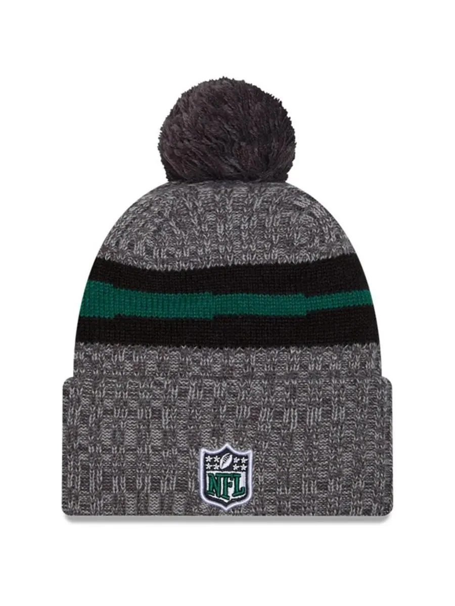New Era Мужская серая вязаная шапка New York Jets 2023 Sideline Sport с отворотом и помпоном — изображение 2 из 2, серый