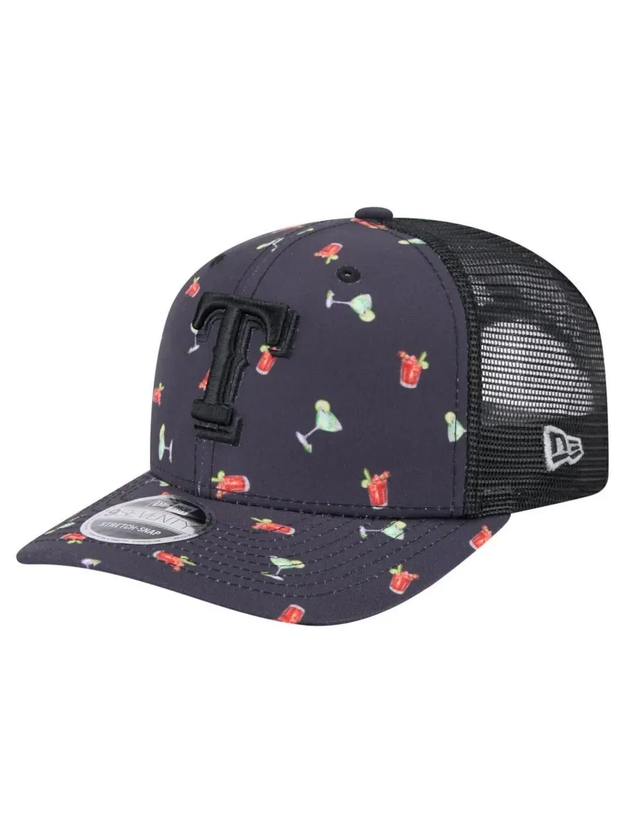 New Era Мужская черная кепка Texas Rangers Adventure Drinks Pattern 9SEVENTY с эластичными