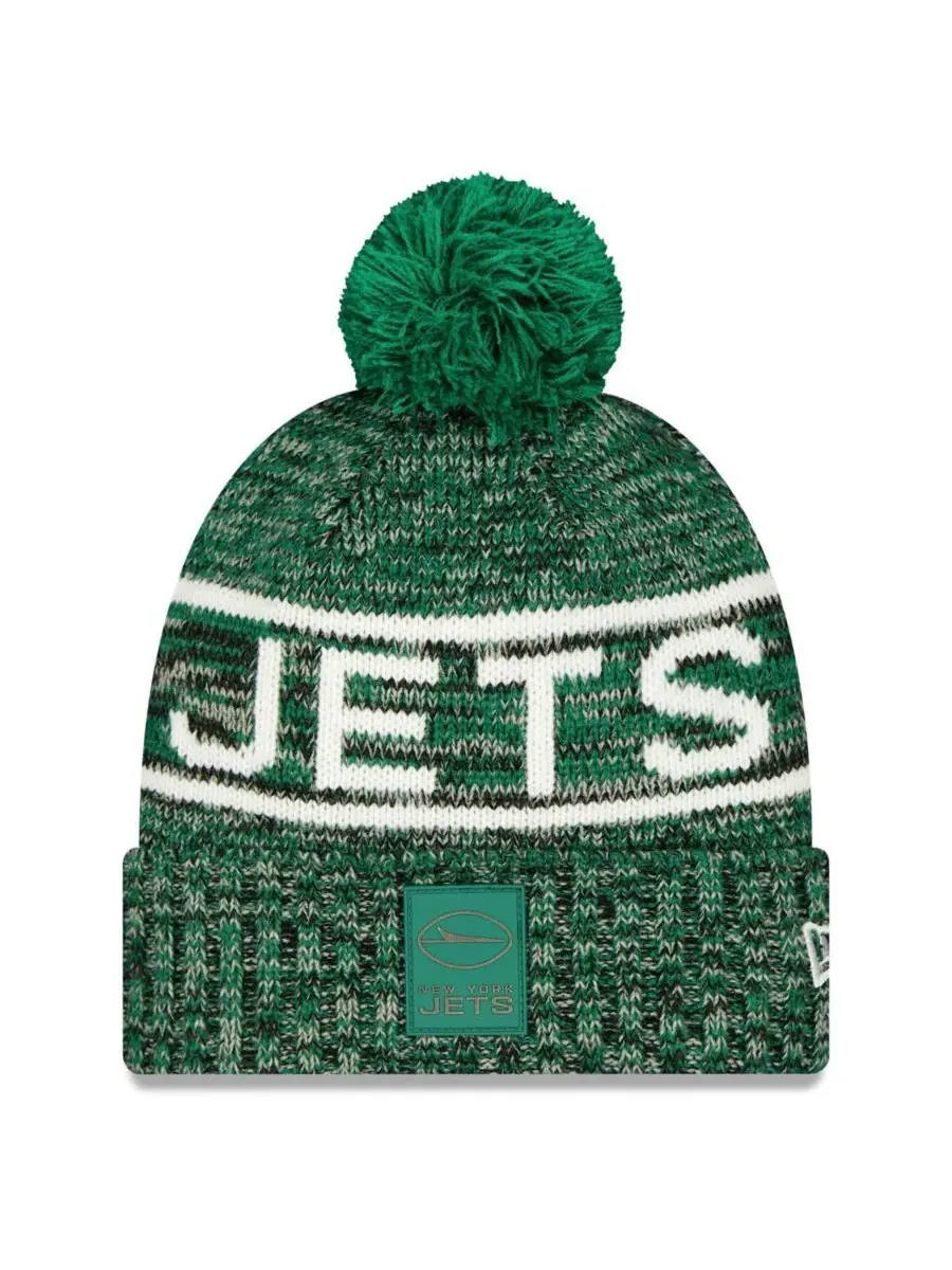 New Era Мужская зеленая вязаная шапка New York Jets 2025 Sideline Cold Weather с отворотом и
