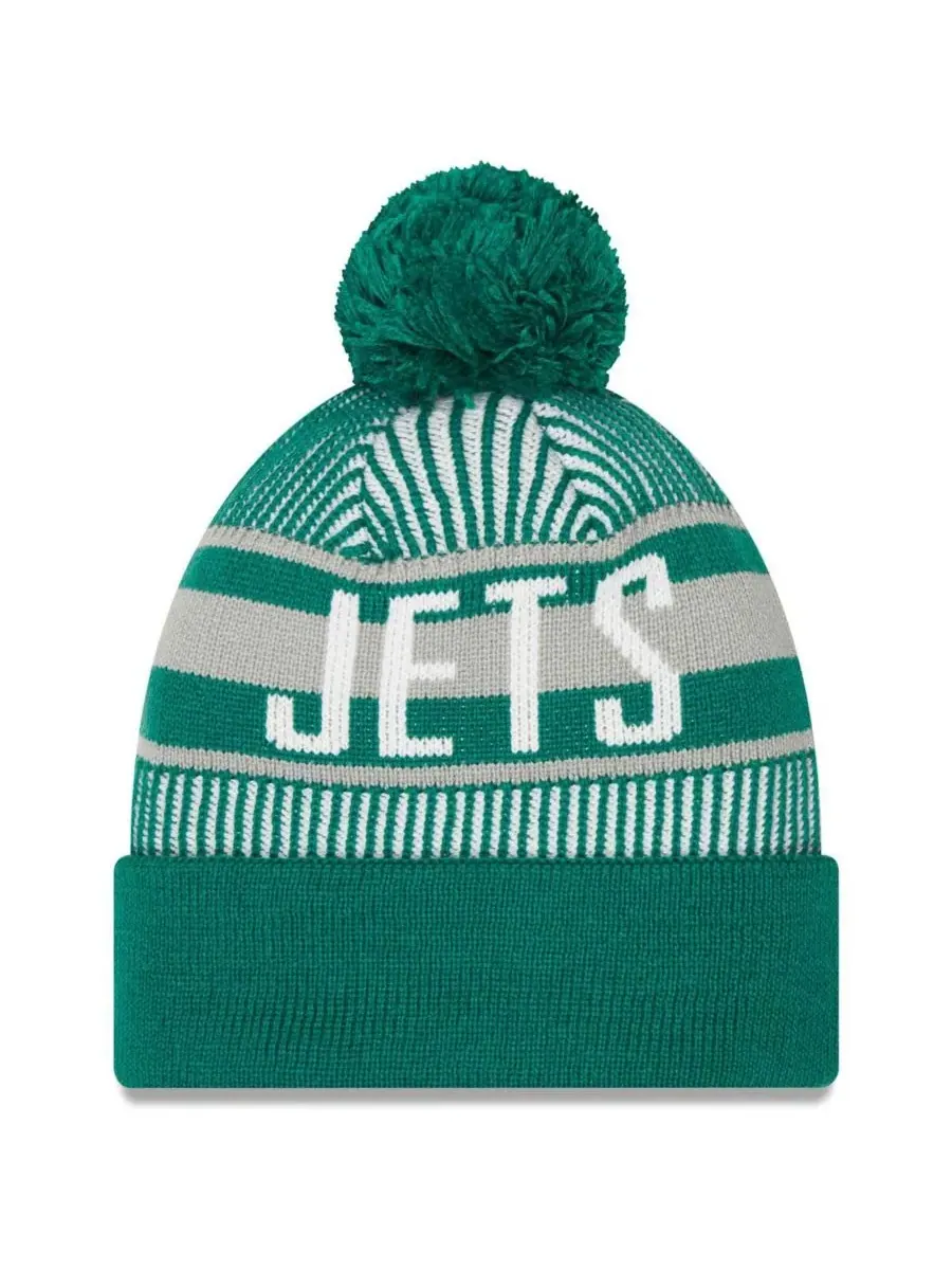 New Era Мужская зеленая полосатая вязаная шапка New York Jets с отворотом и помпоном — изображение 2 из 2, зеленый